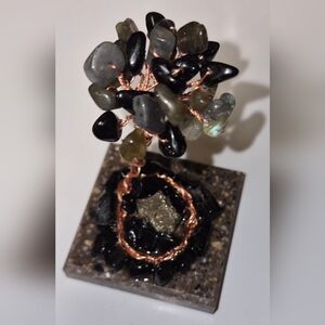 Elegant Black and Gray Stone Wire-Wrapped Tree Pendant